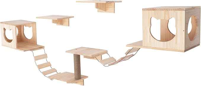 Wall Wood Cat Climber Set, Wall Mounted Cat Furniture Wooden Cat Shelves and Perches for Wall Cat Steps Ladder Cat Bed Activity Tree Cat Climbing