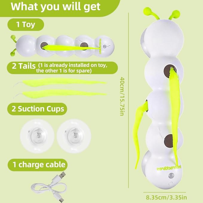 Caterpillar Smart Cats Toys, Interactive Cat Feather Toy with Motion Sensor, Whirlie Cat Toy for Hunting, Reduce Boredom, USB Rechargeable, No Drilling Required, Mount on Wall & Window