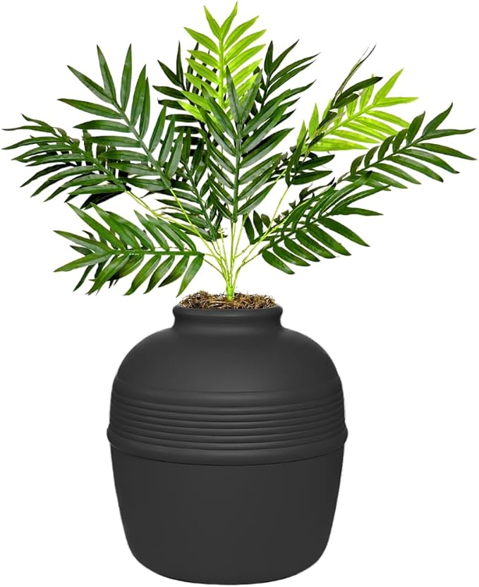 Good Pet Stuff Hidden Litter Box Planter, Decorative Cat Litter Enclosure with Carbon Filter, Artificial Plant, Easy Clean, Removable Liner, Round Style, Essentials Kit, Matte Black