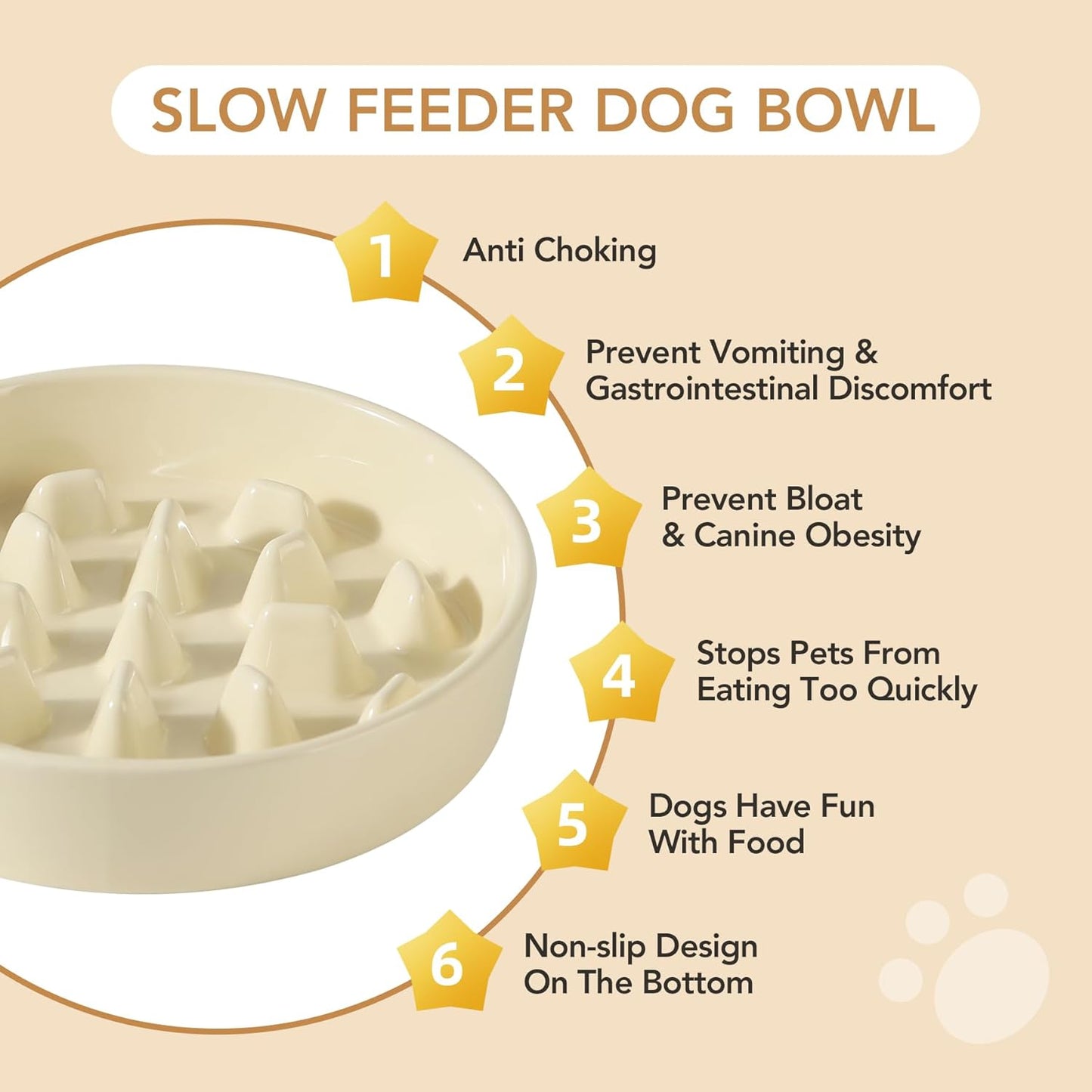 Ceramic Raised Slow Feeder Dog Bowl Set, Elevated 8.2inch Bowl and 9.5inch Slow Pet Food Dish with Wooden Stand for Large Dog (2 x Beige+ Stand) - Pet Explorer