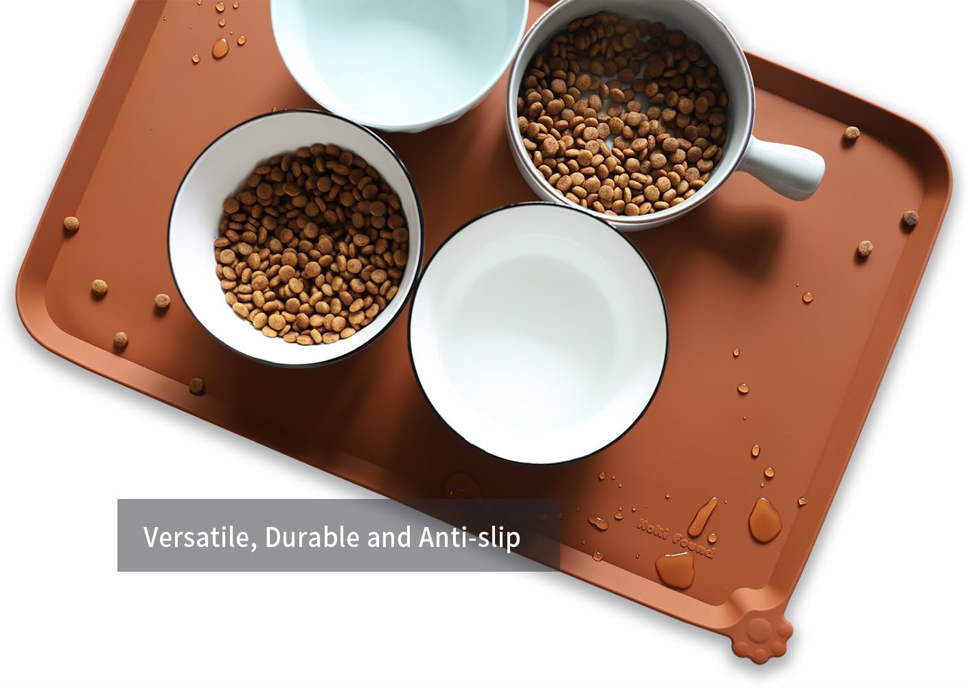 Hoki Found L Silicone Non Slip Pet Dog Cat Bowl Mats - Placemat - Feeding Mat - Waterproof - For Carpet - Caramel - Pet Explorer