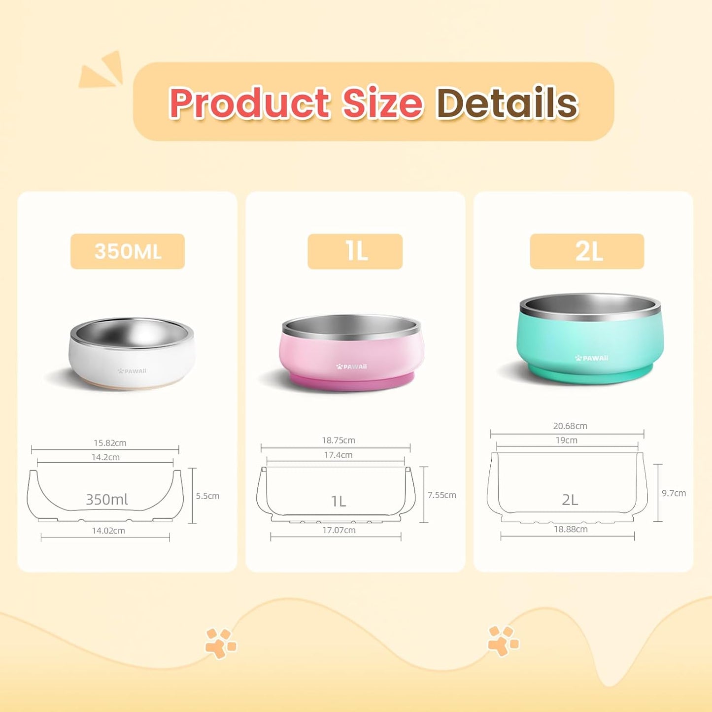 Pawaii Small Dog Bowls, 12 oz. Food Water Bowl Designed for Puppies and Cats with Non-Slip Rubber Base, Upgraded Metal Insulated, Double Stainless Steel Bowls - Pet Explorer