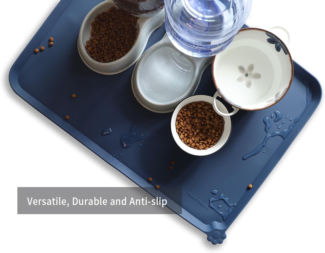Hoki Found X-Large Silicone Pet Food Mats - Non Slip Dog Cat Bowl Placemats - Waterproof Dog Cat Food Mats - Suitable for Carpet - Indigo Ink - Pet Explorer
