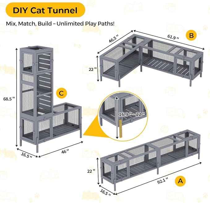 COZIWOW Wooden Cat Play Tunnel with Platforms – Configurable Window Catio, Multi-Combination Extendable Cat Run & Small Pet Play Enclosure for Indoor/Outdoor Use
