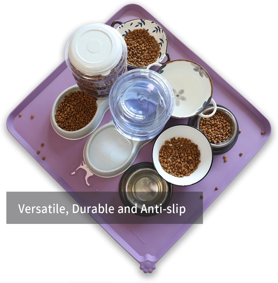 Hoki Found XX-Large Silicone Pet Food Mats - Non Slip Dog Cat Bowl Placemats - Waterproof Dog Cat Food Mats for Carpet - Amethyst - Pet Explorer