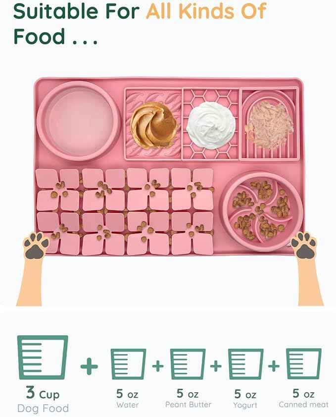 Slow Feeder Bowl, Silicone Lick Mat with Suction Cups for Dog Cat, Snuffle Mat for Pet Smell Training, Puzzle Toys for Bored Puppy, Interactive Sniff Mat for Slow Eating and Keep Busy, Pink
