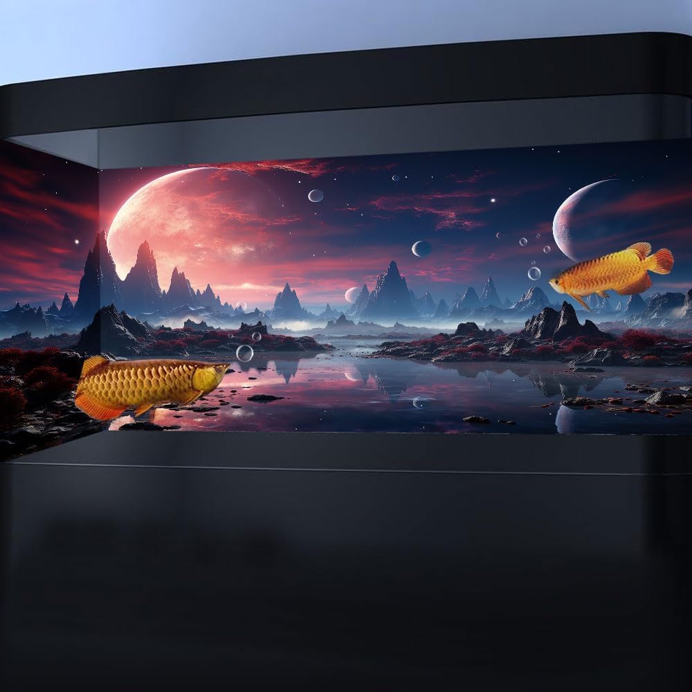 30X18IN Cosmic Spaceterrarium Background, Cool Parallel Space Themed Aquarium Reptile Habitat Background, Red Moon Aquarium Background with 10EVA Double-Sided Tape - Pet Explorer