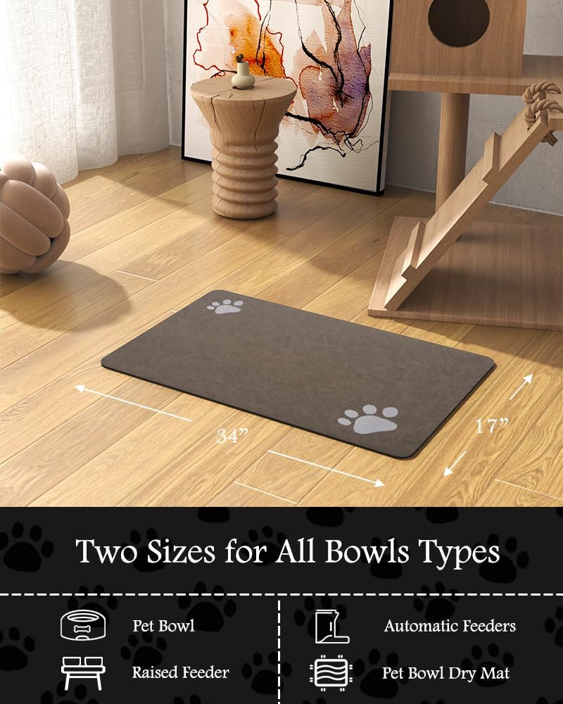Pet Feeding Mat-Absorbent Dog Mat for Food and Water Bowl-No Stains Quick Dry Water Dispenser Mat-Dog Accessories Pet Supplies-Bowl for Messy Drinkers(Brown,17"x34" - Pet Explorer