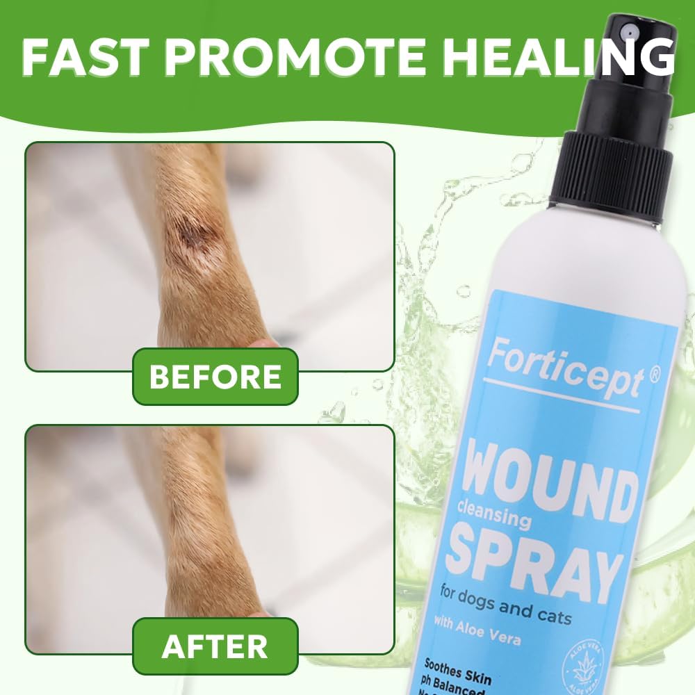 Forticept Hot Spot Spray for Dogs Cats & Horses, Itch Relief Wound Cleanser with Aloe Vera, 8 oz - Pet Explorer