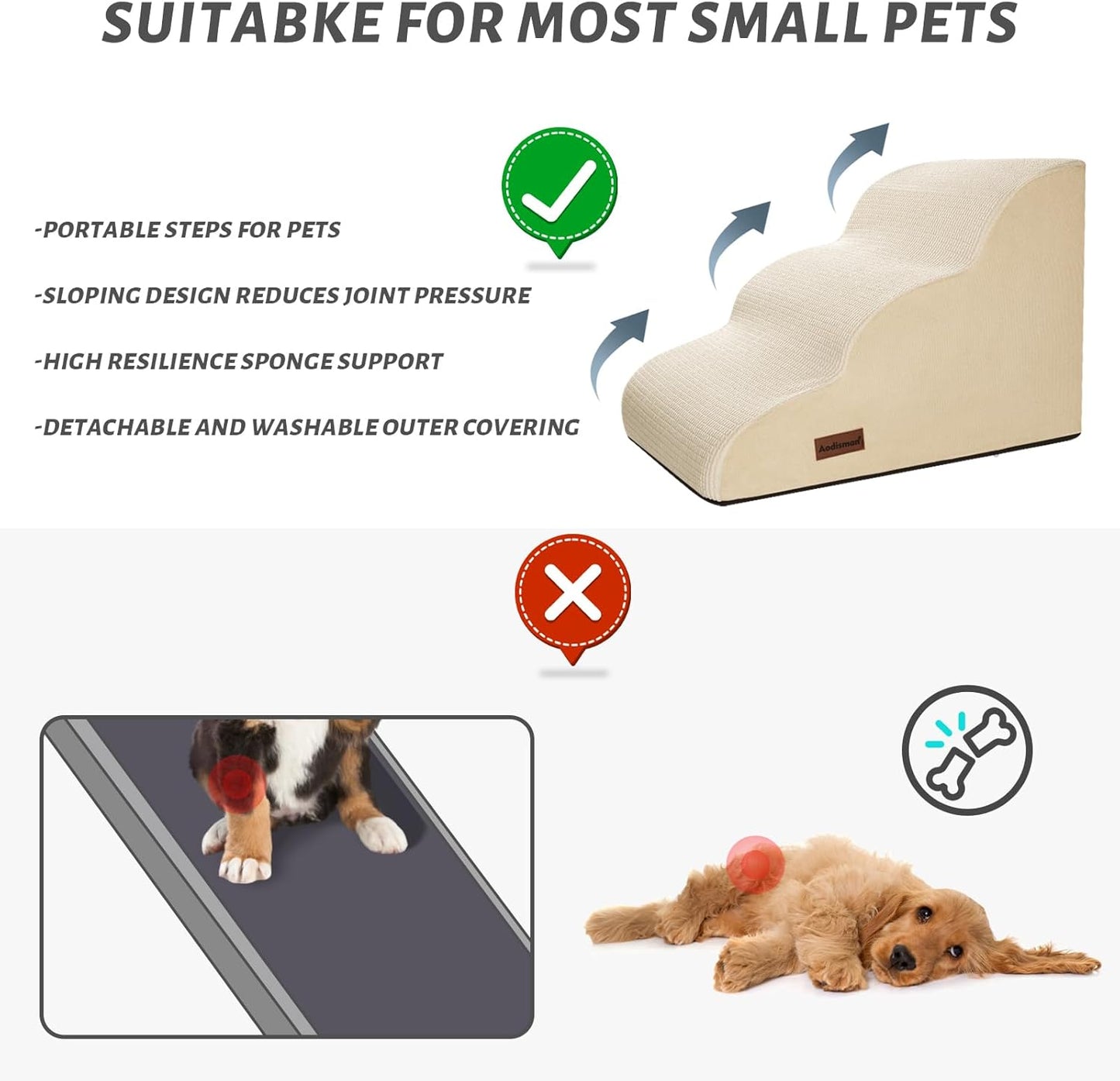 3-Step Dog Ramp and Stairs for Sofa and Chair - Non-Slip Sturdy Pet Steps for Small Dogs and Cats,15.7" H,Beige - Pet Explorer