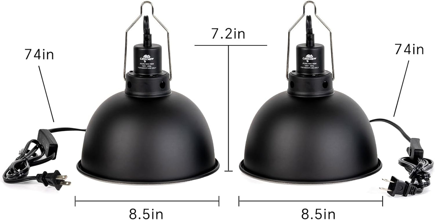 2 Pack Reptile Light Fixture, 8.5in Deep Dome Reptile Lamp Fixture, Optical Reflection Cover, Separate Switche & Hook, Terrarium Light Fixture for Reptile Heat Basking UVB Bulbs, 150W, Black - Pet Explorer