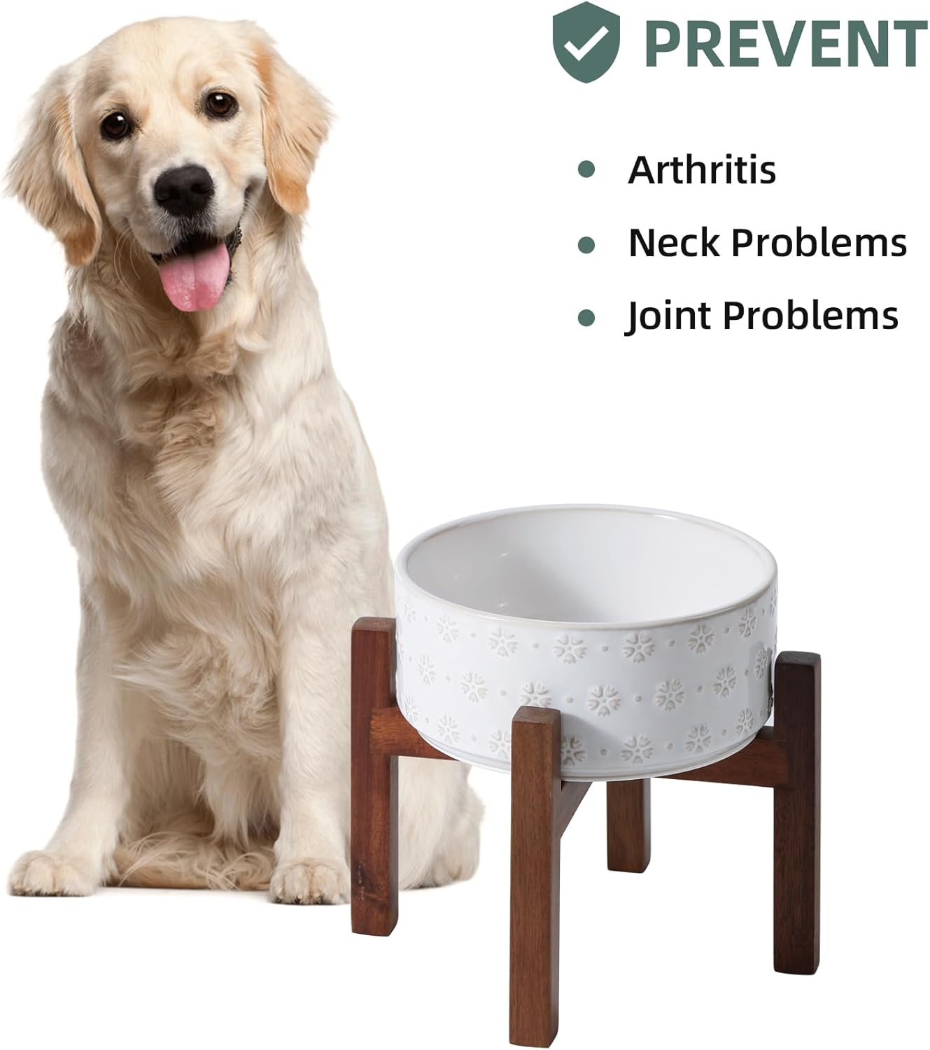 7.3inch Ceramic Raised Dog Bowl Set, Elevated with Acacia Wood Stand, Food and Water Bowl for Medium Breed Dogs, Weighted Dog Dishes, Pet Bowl(41OZ, Arctic White) - Pet Explorer