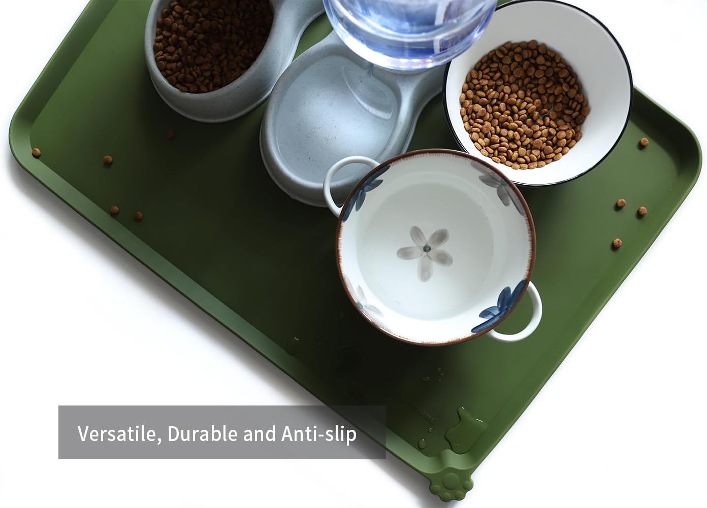 Hoki Found X-Large Silicone Pet Food Mats Tray - Non Slip Dog Cat Bowl Mats Placemat - Pet Feeding Mat - Waterproof Dog Food Mats -Pet Water Mats for Carpet -Dark Olive - Pet Explorer