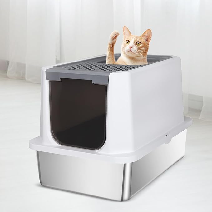 RIZZARI Large Cat Litter Box: Dark Gray Semi-Enclosed Stainless Steel Litter Box with Raised Edges - Anti-Leakage Odorless - Litter Pan for Small to Large Sized Cats in Bedroom Living Room