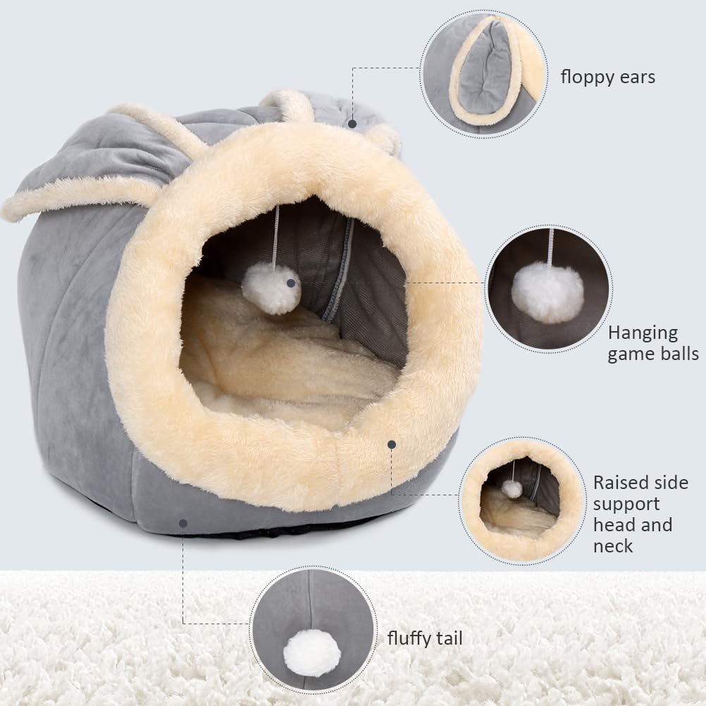 Cat Beds for Indoor Cats - Rabbit-Shaped Cat Cave Bed with Hanging Toy,Super Soft Calming Pet Bed for Kitten&Puppy,Small Dog,Warm Plush&Machine Washable&Removable Cotton Pad,Cat Hideaway(Grey L) - Pet Explorer