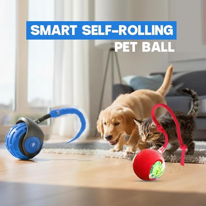 Interactive Cat Ball Toy – Smart Rolling Pet Ball with Obstacle Avoidance, USB Rechargeable, Cord Tail Design – Fun Enrichment Toy for Indoor Cats & Small Dogs (Blue + Red)