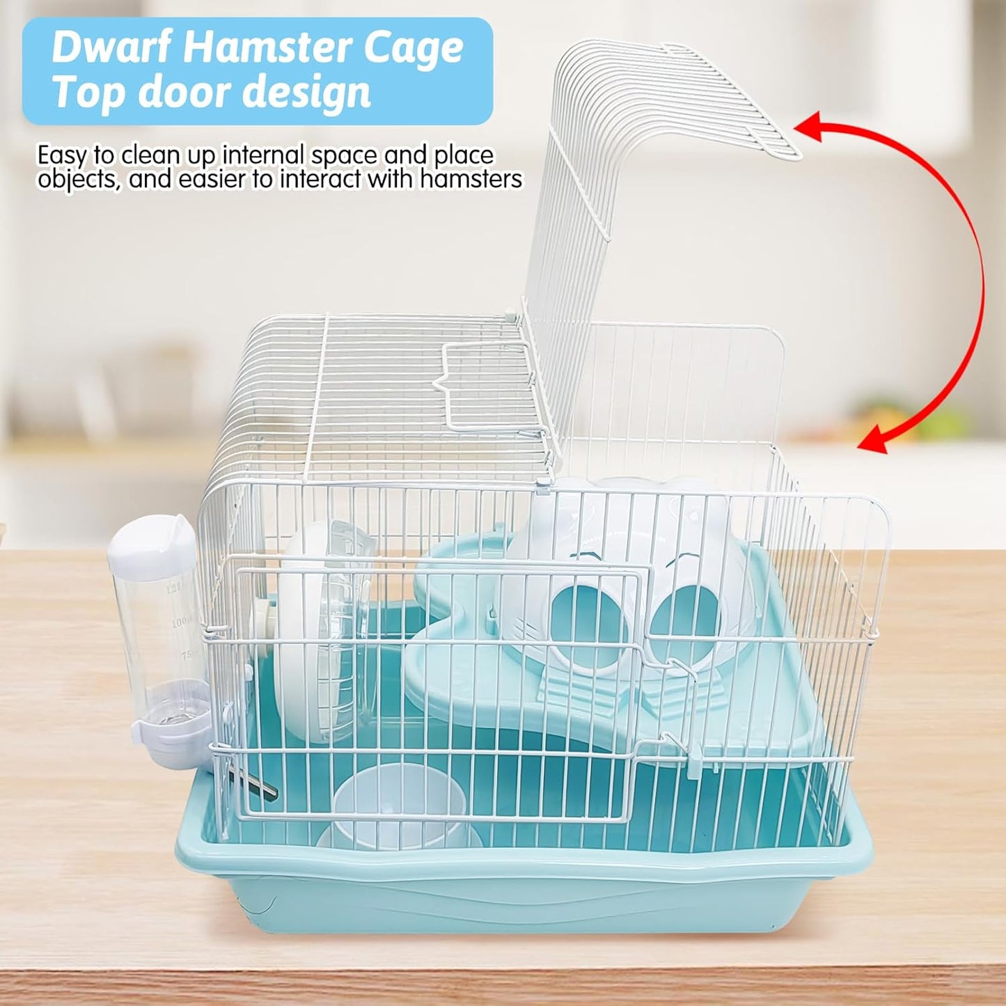 PINVNBY Dwarf Hamster Cage, Small Animal Cages, 2-Tier Travel Portable Mouse Cage Hamster Carrier with Castle House Running Exercise Wheels, Water Bottle and Food Dis(Blue) - Pet Explorer