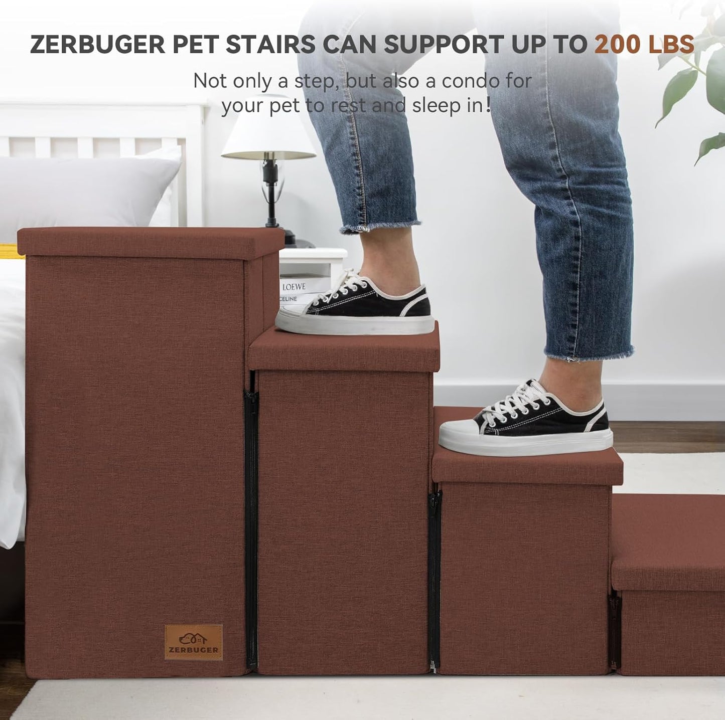 Dog Stairs with Storage 23" H, 4-Step Wider Dog Steps for High Beds Window, Folding Sturdy Pet Stairs Gift for Small/Medium/Large Old Dogs Cats, Ramp for Climbing Car Up to 200 lbs, Brown - Pet Explorer