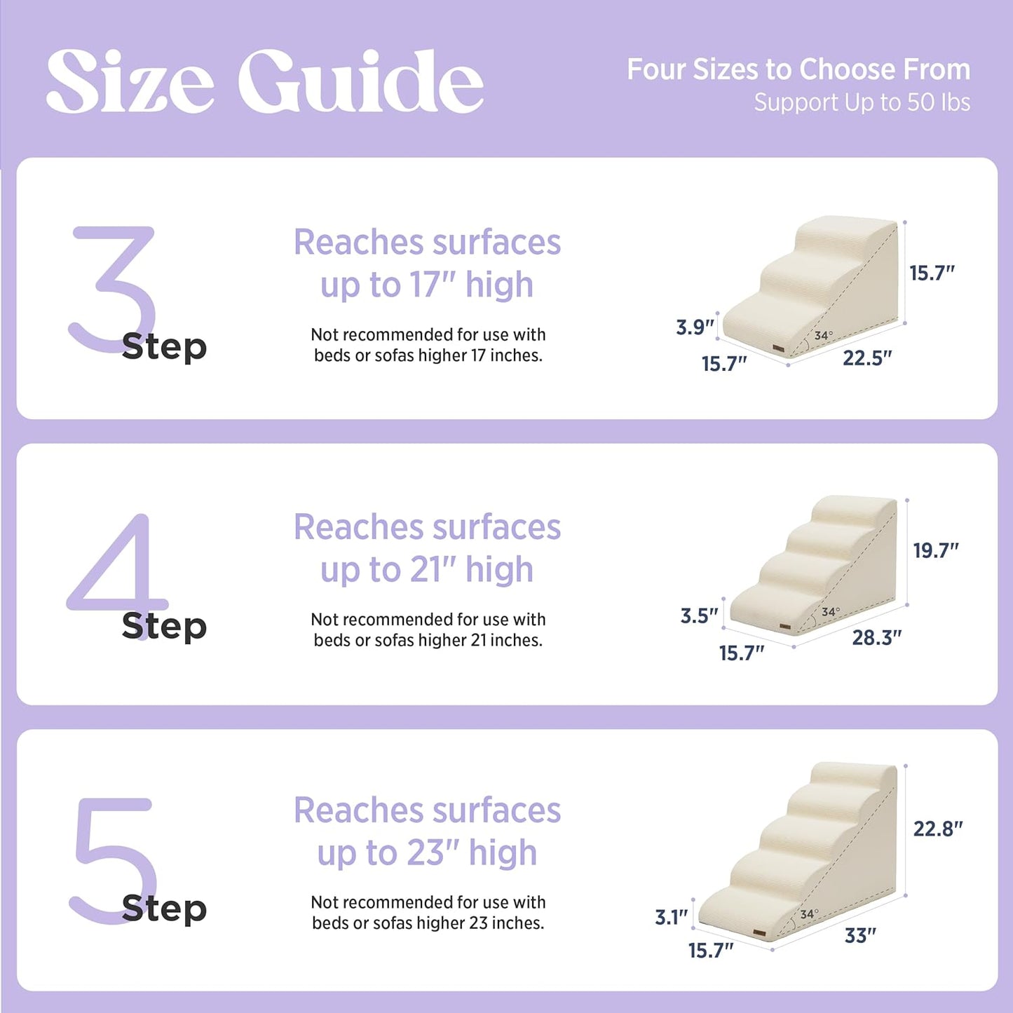 Lesure Dog Stairs for Small Dogs and Cats Pet Steps Ramp for Bed and Couch with CertiPUR-US Certified Foam with Non-Slip Bottom, Beige, 3 Steps - Pet Explorer