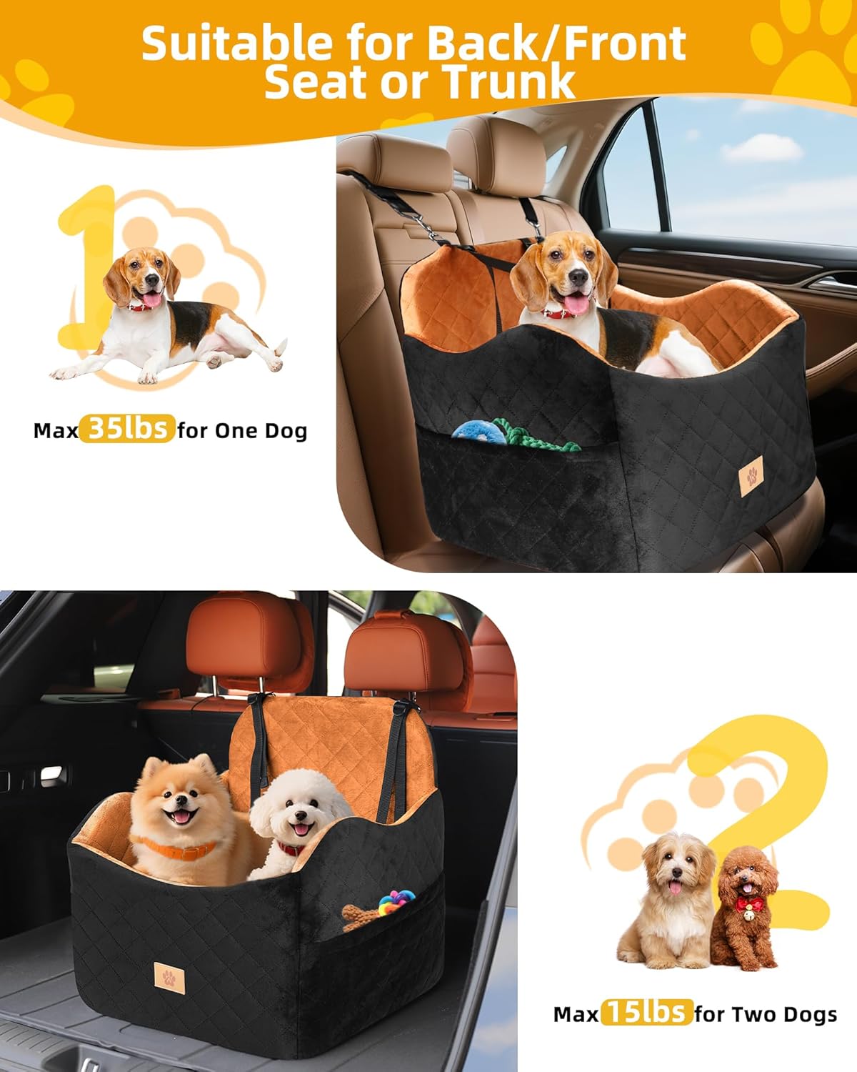 Car Seat Booster for Dog: High-Support Memory Foam Pet Car Seat for Small/Medium Dogs Under 35lbs with Elevated Cushion,Pockets - Detachable Washable Puppy Travel Bed for Driving(Black/Brown) - Pet Explorer