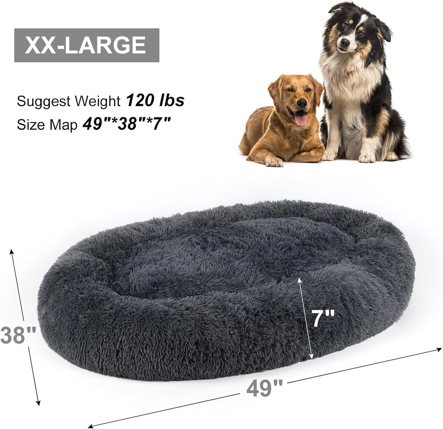 Dog Bed, Cat Calming Bed, Faux Fur Pillow Pet Donut Cuddler Round Plush Bed for Large Medium Small Dogs and Cats (Dark Grey, 49.0" L x 38.0" W x 7.0" Th) - Pet Explorer