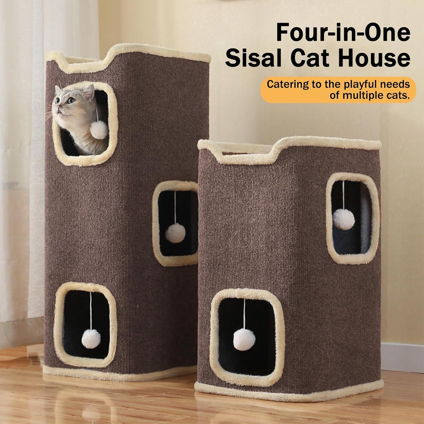 Empet Cat House for Indoor Cats Beds, Multi-Level Cat Condo, Foldable Cave Bed Brown, (3-Level) - Pet Explorer
