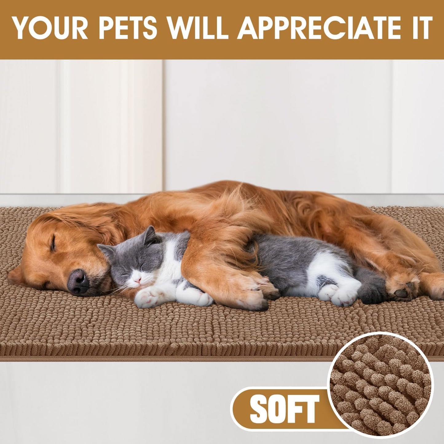 IM HOME Extra Large Dog Door Mats for Muddy Paws, Chenille Absorbent Dog Mats, Non Slip Heavy Mud Mat for Dogs, Soft Pet Mat for Entryway, Mud Paws, Inside Floor,71" x 25", Camel