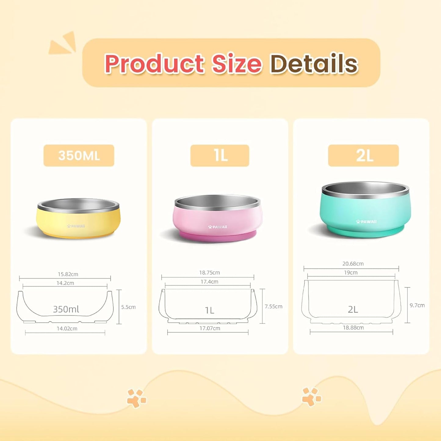 Pawaii Small Dog Bowls, 12 oz. Food Water Bowl Designed for Puppies and Cats with Non-Slip Rubber Base, Upgraded Metal Insulated, Double Stainless Steel Bowls, Cheese Yellow - Pet Explorer