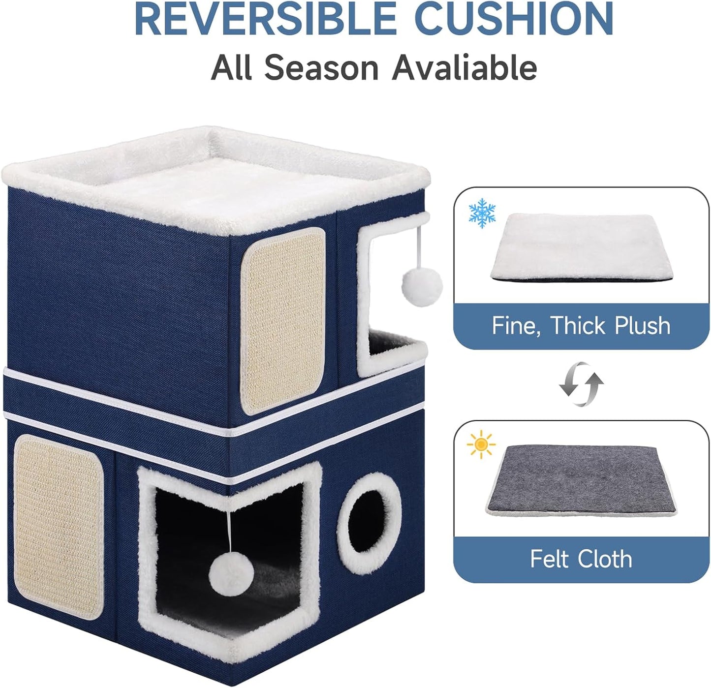 2-Storey Cat House for Indoor Cats, Large Double Cat Bed Cave with Hideaway Condos, Scratch Pads, Hanging Balls, Foldable Indoor Cat House Hold Up to 30LBS, Cat Cube for Multiple Cats Kitten, Blue - Pet Explorer