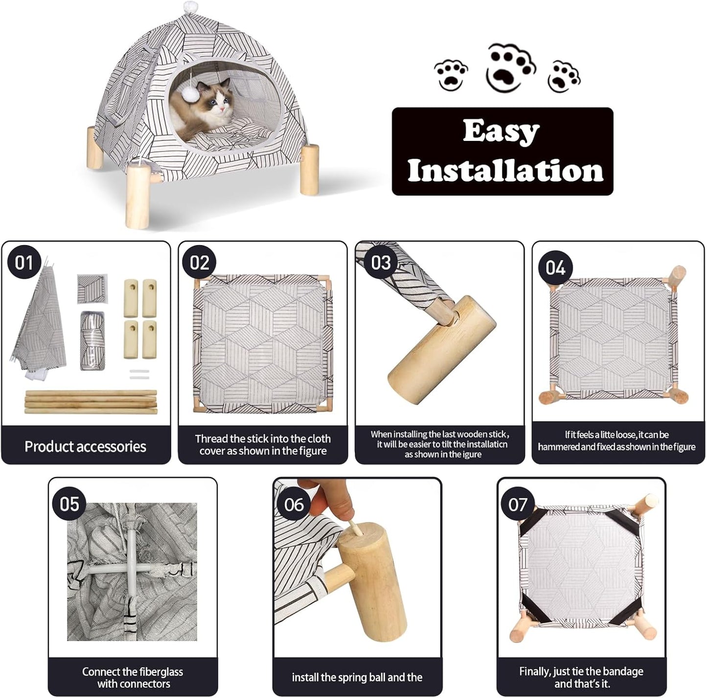 2-in-1 Elevated Cat Tent Cat House, Quick Assembly and Disassembly, Portable Indoor/Outdoor Cute Cat Bed Cave-White Diamond Pattern - Pet Explorer