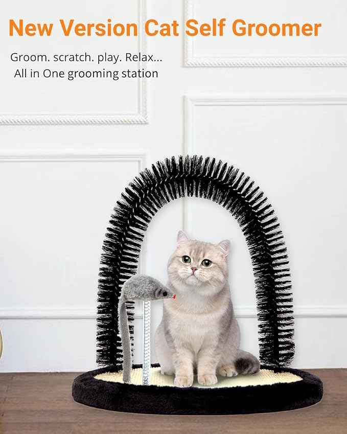 Happi N Pets Cat Self Groomer, Arch Grooming Brush wtih Heavy Duty Woven Sisal Pad, Rubbing Post & Catnip Toy, Cat Face Scratchers Body Massager, Cat Scratchers for Indoor Cats, Black