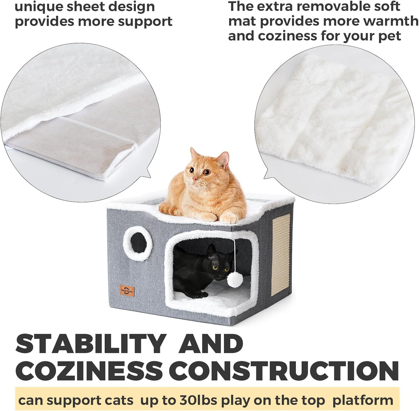 Cat Bed for Indoor Cats,Covered Cat Cave House & Furniture with Scratch Pad,Foldable Cat Hideaway Hut Cute Cat Condo with Soft Washable Mat for Multi Small Pet Under 30 lbs,Dark Grey - Pet Explorer