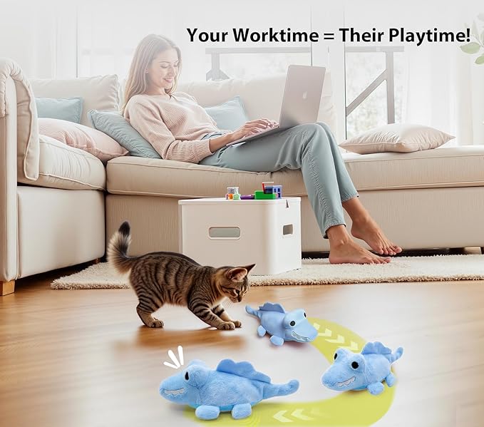 Interactive Cat Toys for Indoor Cats – Auto Moving Alligator with 360° Random Movement & Tail Wagging, Rechargeable Cat Exercise Toy with Catnip, Self-Play Fun for Bored Adult Cats-Blue
