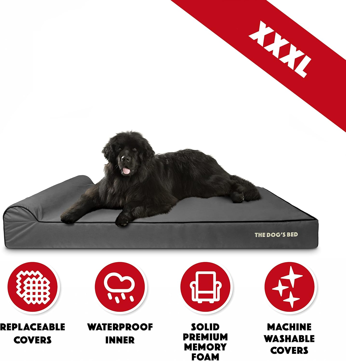 The Dog’s Bed Orthopedic Headrest Dog Bed XXXL Grey/Black 64x44, Memory Foam, Pain Relief for Arthritis, Hip & Elbow Dysplasia, Post Surgery, Lameness, Veterinary Approved, Waterproof Washable Cover - Pet Explorer