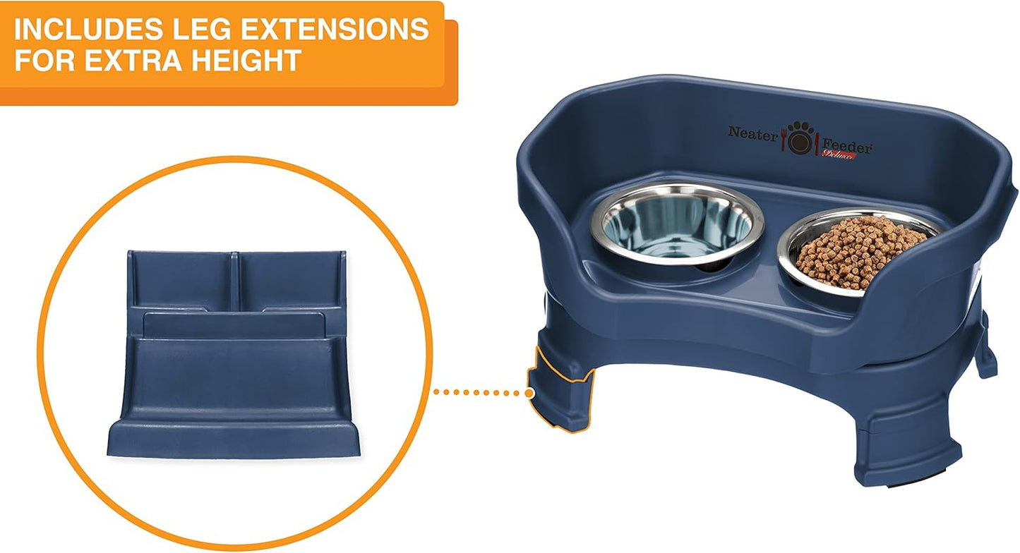 Neater Feeder Deluxe Mess Proof Dog Bowls Elevated for Small Breeds – Made in USA – No Spill Raised Dog Food Bowl Stand w/Leg Extensions – Stainless Steel Food and Water Bowl Set – Dark Blue - Pet Explorer