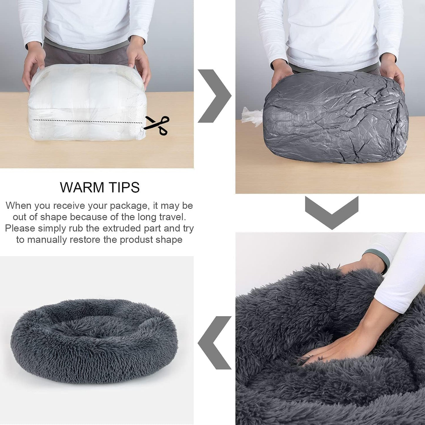 Dog Bed, Cat Calming Bed, Faux Fur Pillow Pet Donut Cuddler Round Plush Bed for Large Medium Small Dogs and Cats (Dark Grey, 44.0" L x 44.0" W x 7.0" Th) - Pet Explorer
