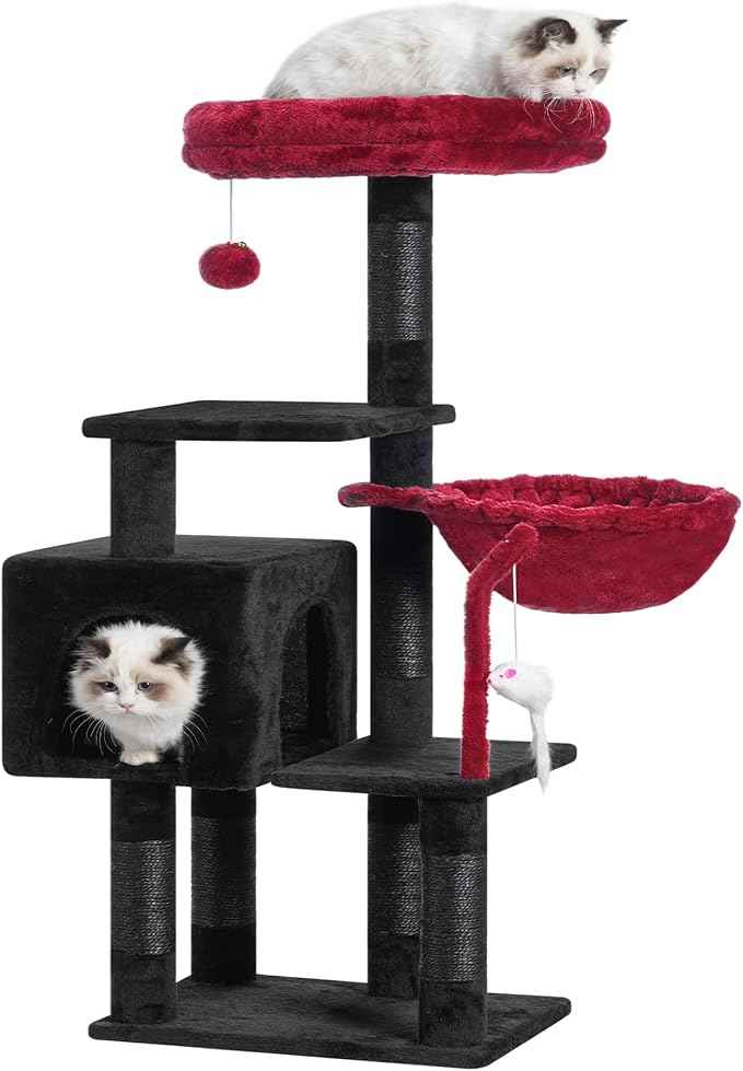Heybly Cat Tree with Toy, Cat Tower Condo for Indoor Cats, Cat House with Padded Plush Perch, Cozy Hammock and Sisal Scratching Posts, Black and Red HCT004SBR
