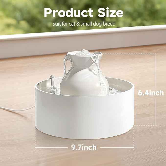 Ceramic Cat Water Fountain, 3L/101 fl oz Ultra-Quiet Pet Water Fountain, Automatic Water Dispenser for Cats & Small Dogs, No Spill Cat Water Bowl, BPA-Free, 2 Filters Included, Easy to Clean