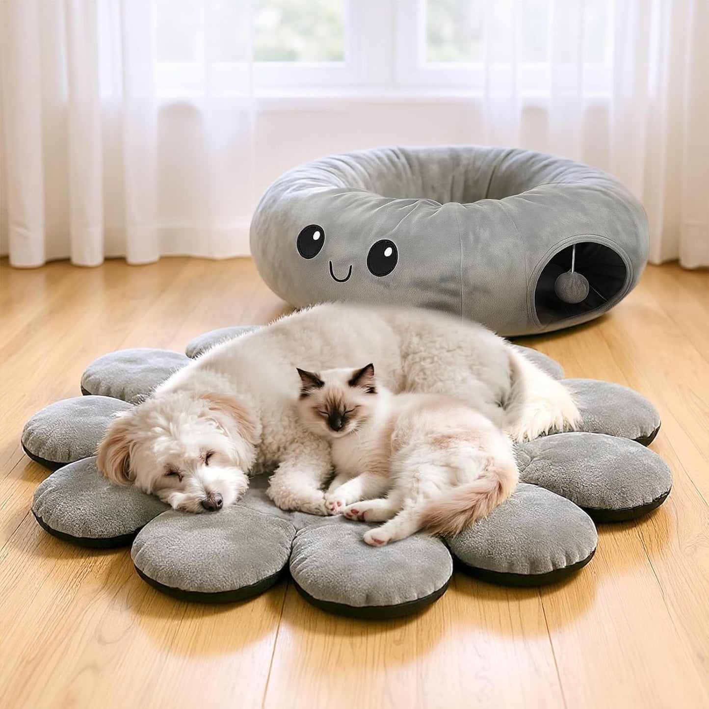 Cat Tunnel Bed for Indoor Cats, Peekaboo Cat Cave Bed,Soft Cat Donut Tunnel for Kitten Large Cats, Cute Green Octopus Shaped - Pet Explorer