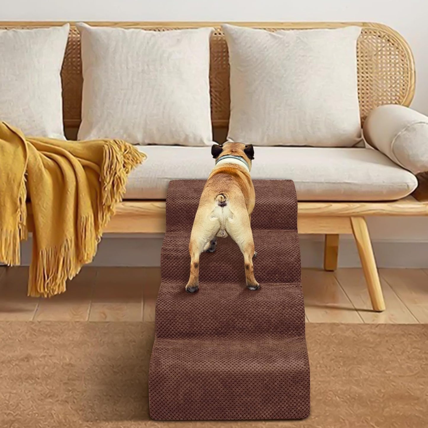 Dog Stairs for Small Dogs - High Density Foam Pet Steps, Extra Wide Dog Ramp with Non-Slip Bottom for High Beds, Couch and Sofa, Best for Dogs Injured, Older Doggy Cats,4 Steps, Brown - Pet Explorer