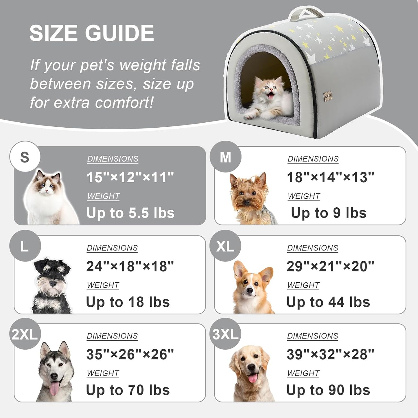 Jiupety Cozy Small Pet Dog House, 2 in 1 Puppy House, S Size for Cat and Puppy, Warm Cave Sleeping Nest for Cats and Dogs, S(15"×12"×11"), Up to 5.5 Lb, Grey - Pet Explorer