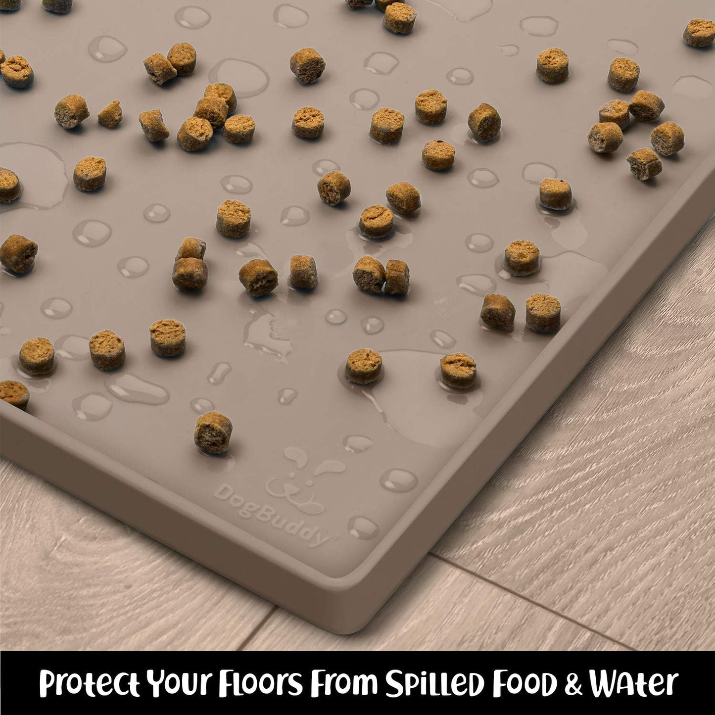 DogBuddy Dog Food Mat – Waterproof Dog Bowl Mat for Food and Water, Silicone Pet Feeding Mats for Floors, Non-Slip Placemat with High Edges for Dogs Bowls, Puppy Essentials (Small: 19"x12", Taupe) - Pet Explorer