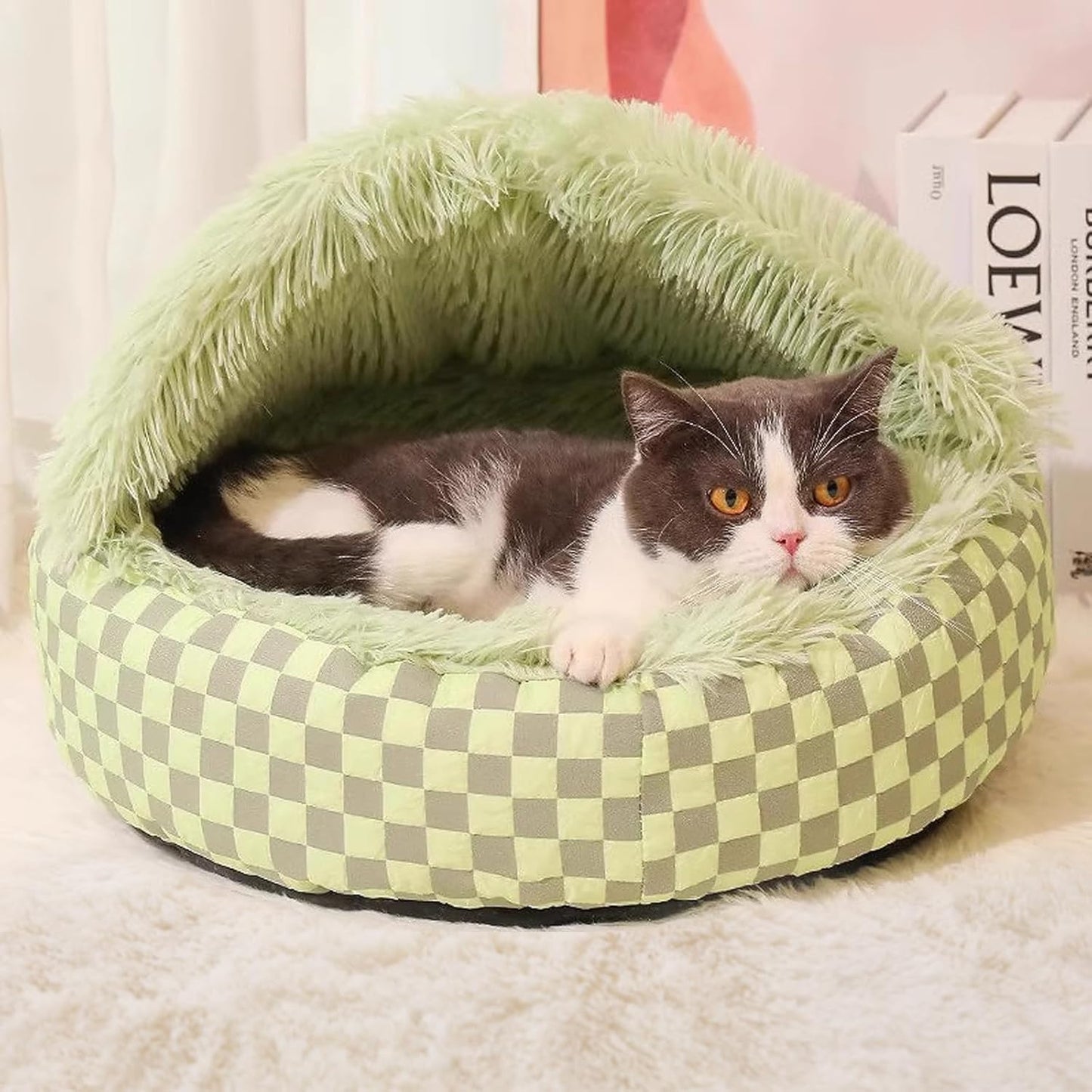 Cat Bed Hooded Plush Nest with Self-Warming Cozy Cave, Calming Anti-Anxiety Pet Bed for Indoor Cats & Small Dogs, Removable Washable Cover & Waterproof Bottom - Green - Pet Explorer
