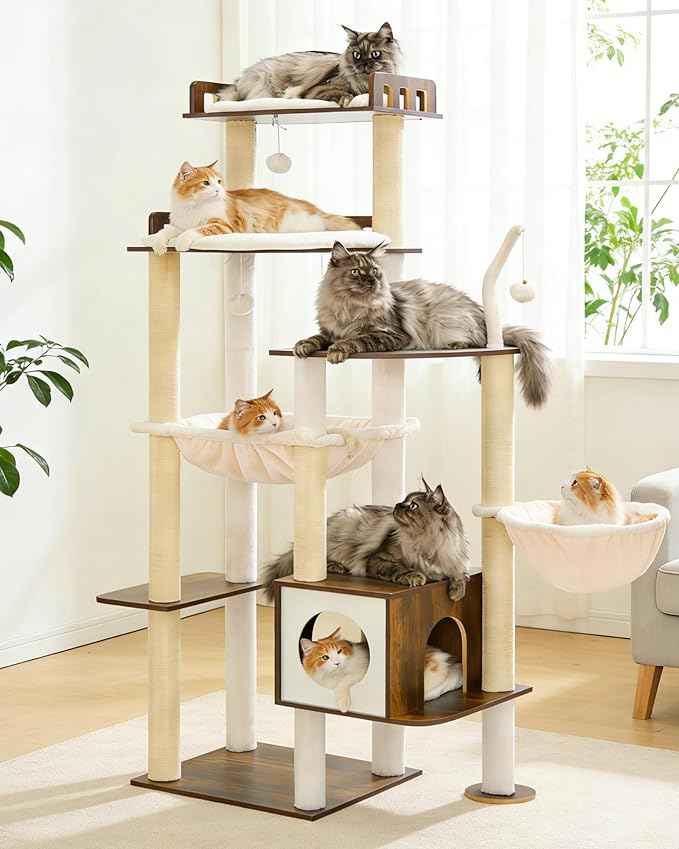 Heybly Cat Tree, 70.5 Inch Wood Tall Cat Tower for Large Indoor Cats with Extra Stable Structure, Modern Cat Furniture with All-Sisal Scratching Posts, Cat Condo & Hammocks, Rustic Brown HCT121SR