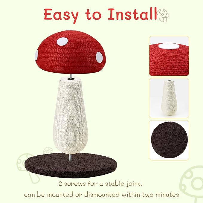 Cat Scratching Post Full Sisal Wrap Cat Tree Cute Mushroom Cat Tower Scratcher for Indoor Cats 19.7Inch