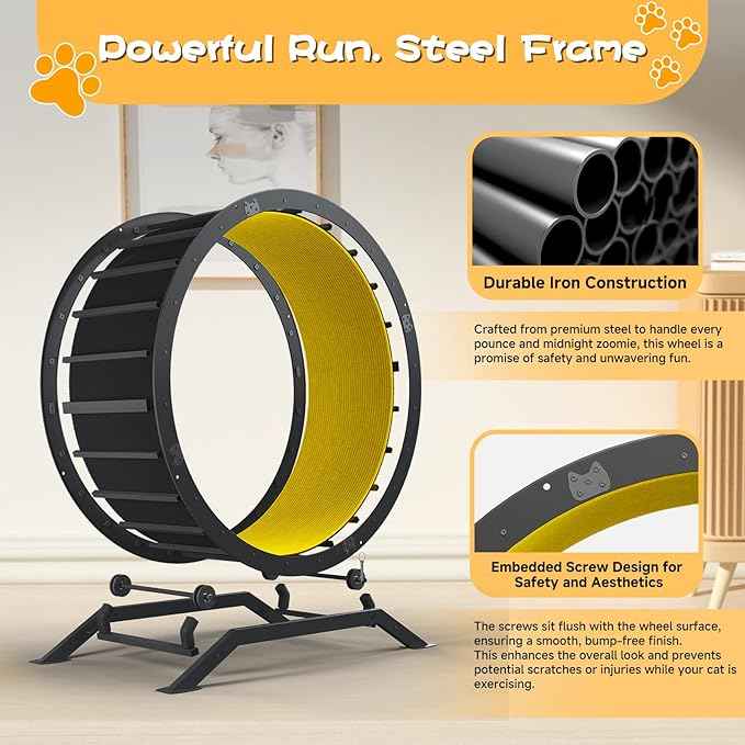 GTRACING Cat Wheels, 40" Diameter, Large Cat Exercise Wheel for Indoor Cats cat Treadmill Metal with Detachable Carpet & Teaser/Stickers, Ultra-Quiet Scroll Wheel with Latch, Safe and Stable, Yellow