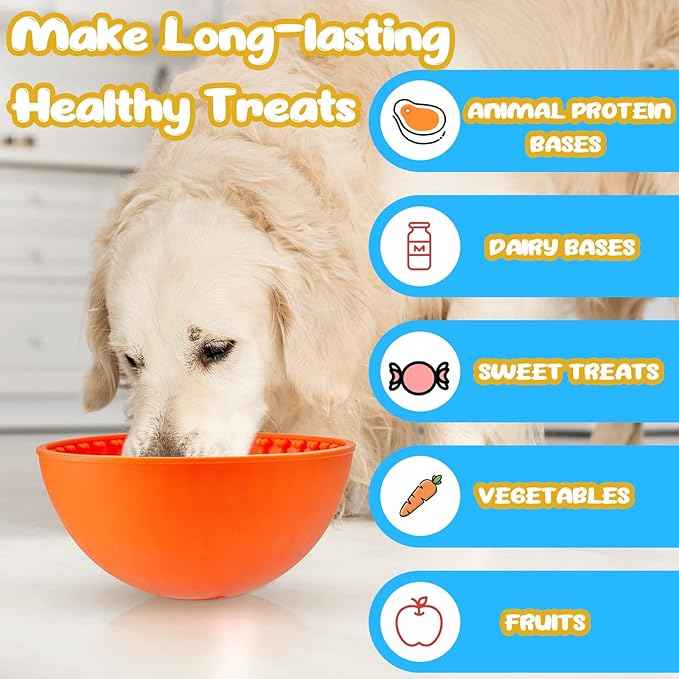 Patelai 2 Pcs Dog Enrichment Lick Bowls Silicone Freeze Bowls Interactive Cat Licking Mats Slow Feeders for Pet Oral Health Boredom Anxiety Relief, Wobble or Stay Put(Blue, Orange,Bone)