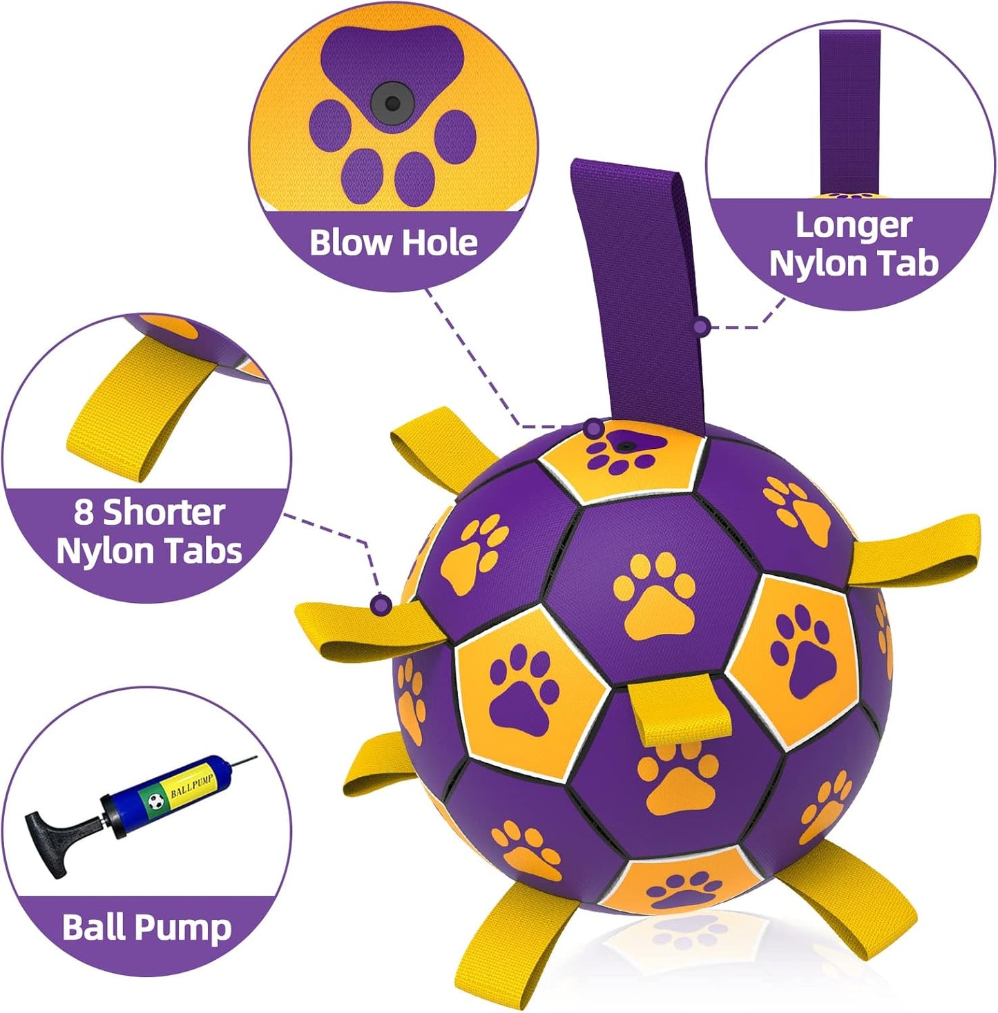 QDAN Dog Ropes Toys, Soccer Ball with Straps, Interactive Dog Toys for Tug of War, Dog Water Toy, Durable Balls for Medium Large Dogs(8 Inch)