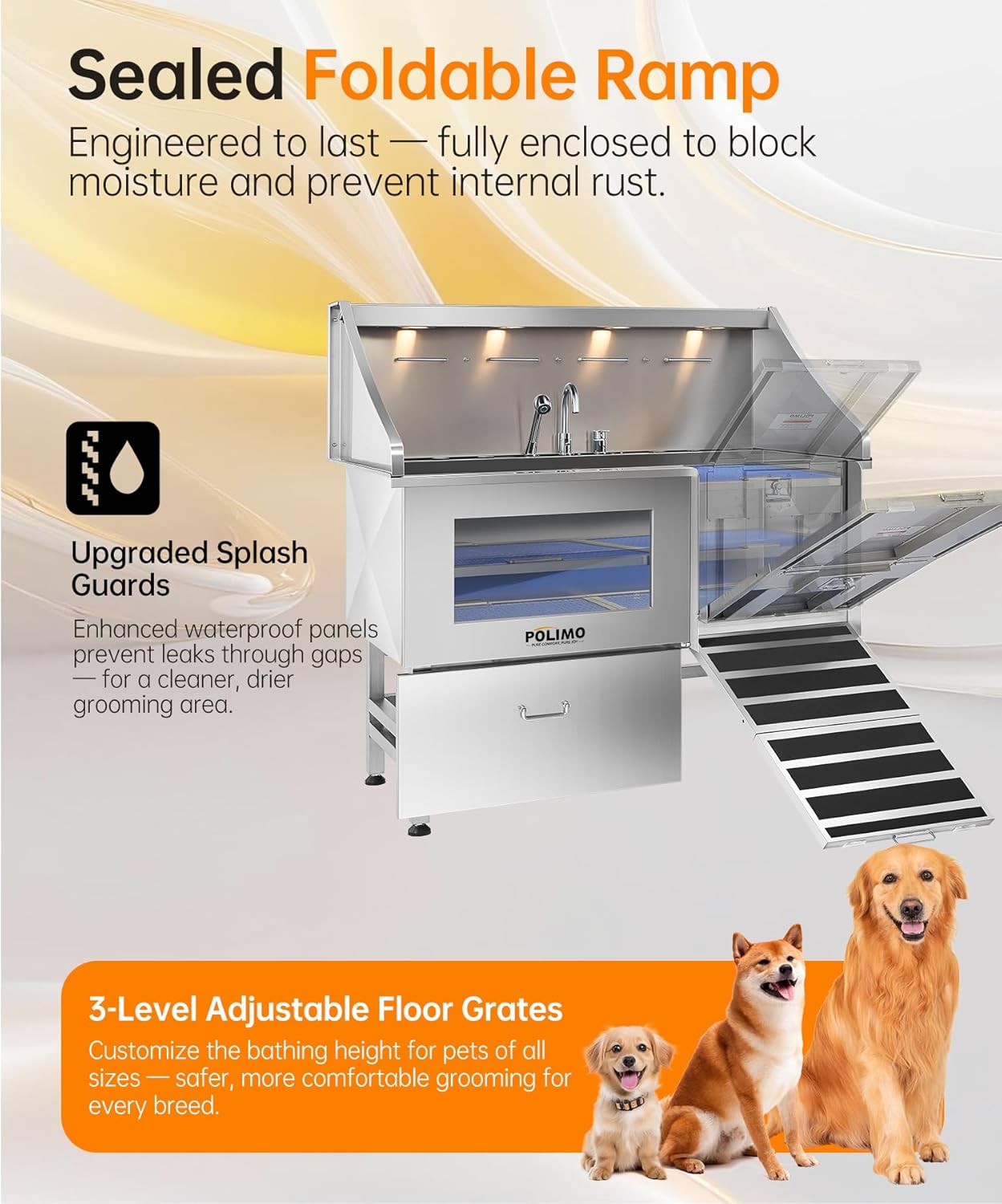 POLIMO Dog Washing Station, LED Professional Stainless Steel Dog Bathing Station 61", Dog Grooming Tub for Large, Medium & Small Dog - with Window, Ramp, Drawer, Floor Grate & Faucet (Right RAMP, 61") - Pet Explorer