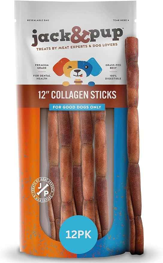Jack&Pup 12" Beef Collagen Sticks for Dogs | Rawhide Free Dog Chews Long Lasting | Single Ingredient Healthy Dog Treats for Medium Dogs | Bully Stick Alternative (12 Pack)